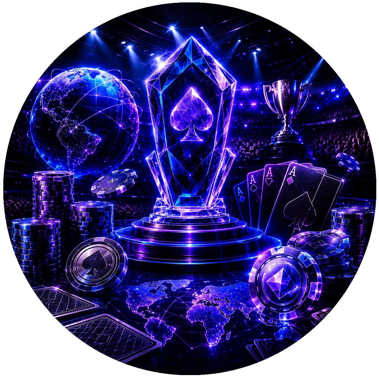 WPT Global crystal spade award with aces and chips in arena