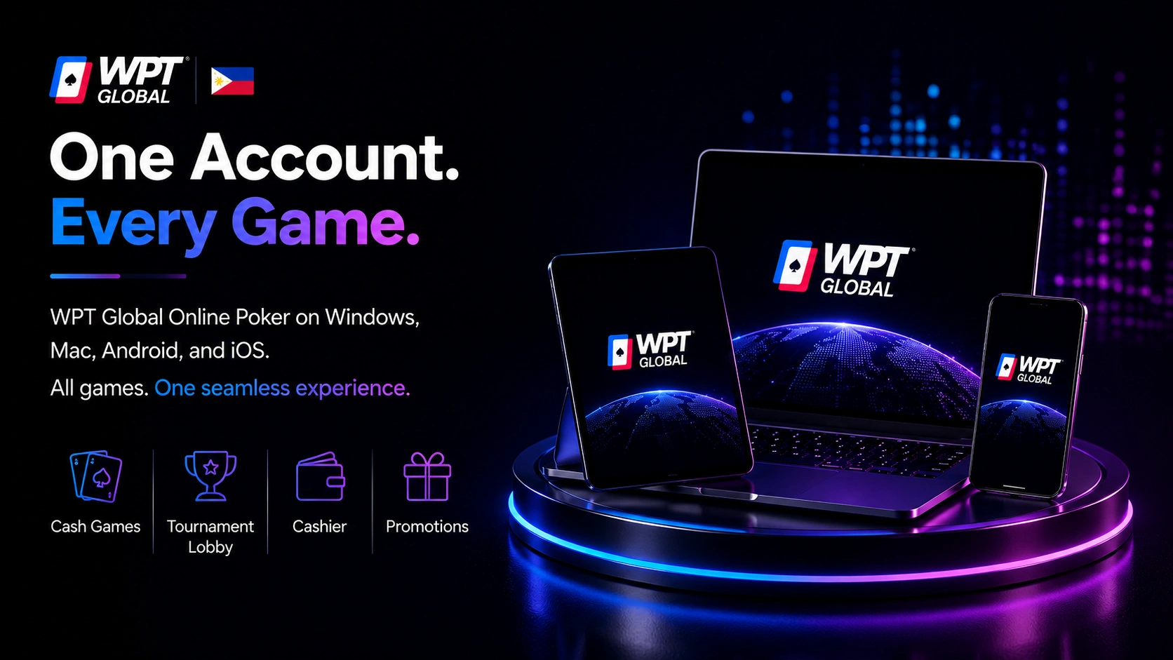 WPT Global Philippines three devices with poker app on each screen